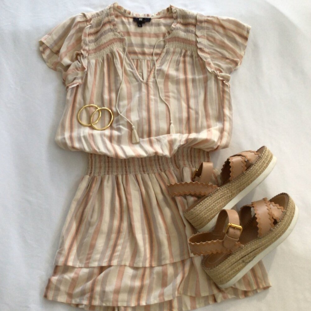 PAIGE Gathered Waist Short Sleeve Mini Dress Neutral Stripes Sz S